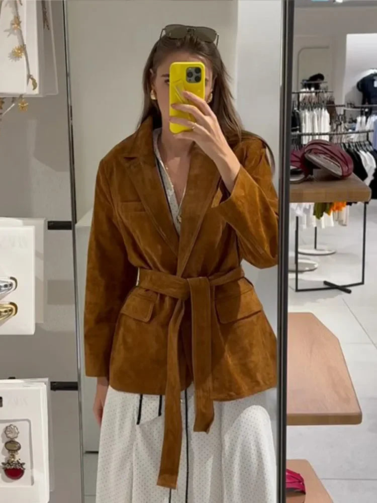 HerfstElegant Dames Suèdejas – Gecoat Model met Ceintuur en Zakken