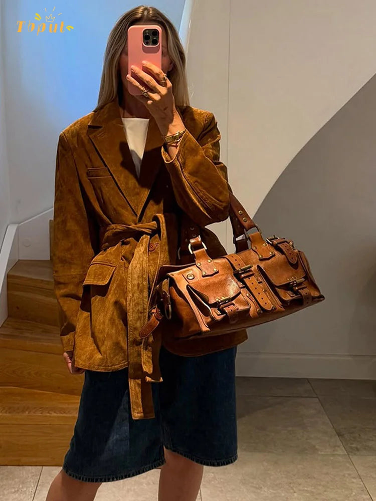 HerfstElegant Dames Suèdejas – Gecoat Model met Ceintuur en Zakken