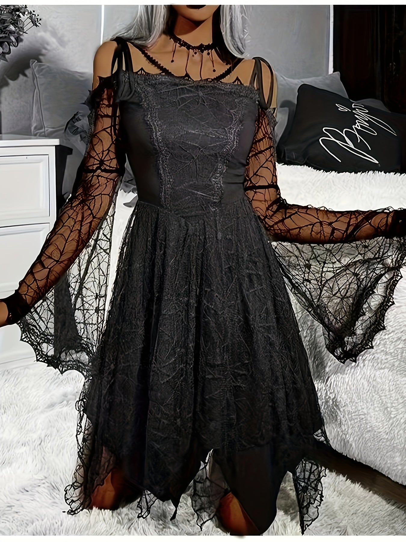 Dames Gothic Mesh Halloween Kostuum Jurk | Lange Mouw Mini