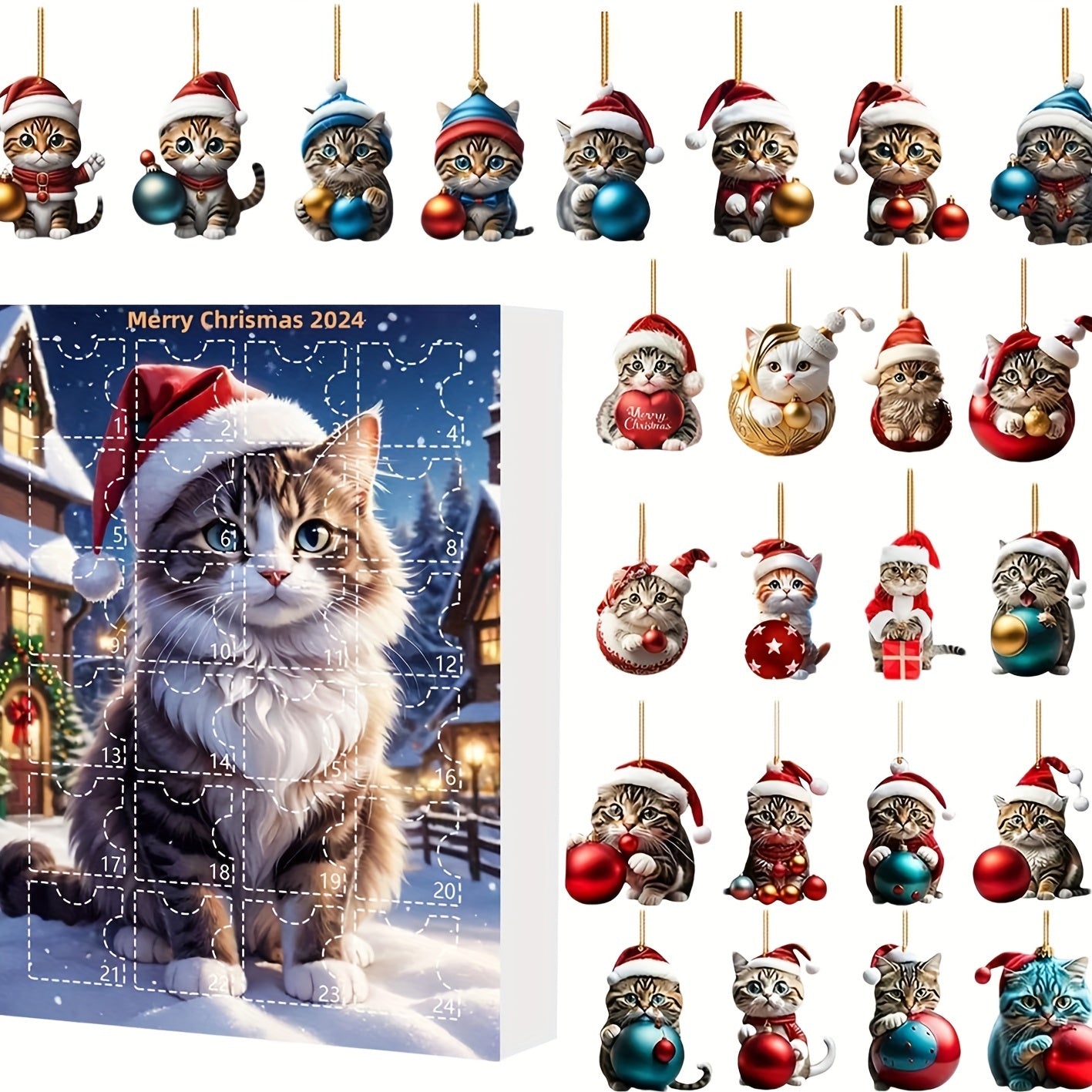 Vintage Katten Adventskalender – 24-delige Kerstkalender met Acrylhangertjes