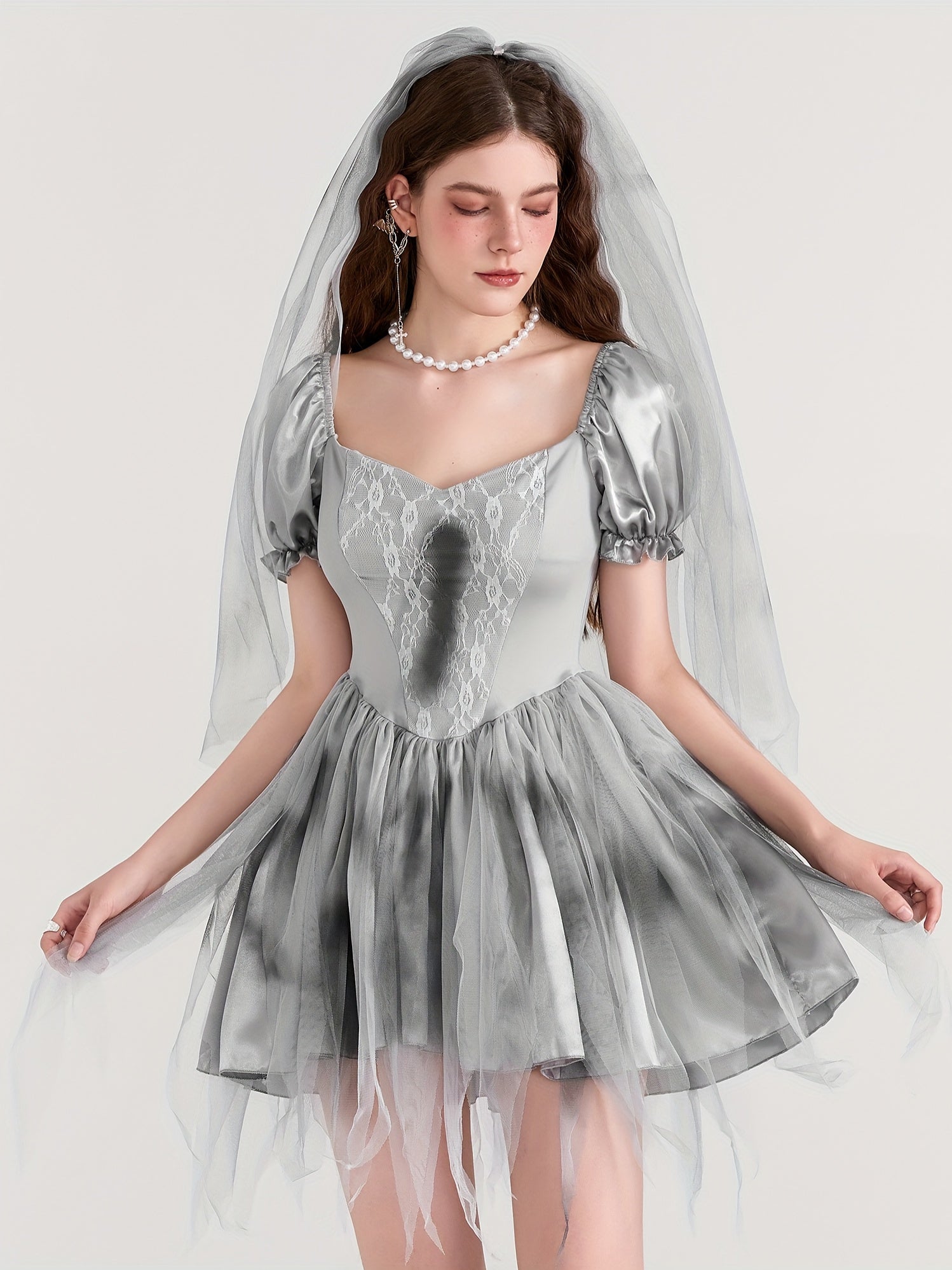 Vrouwen Gothic Puff Sleeve Halloween Lijkbruid Kostuum Jurk | Mini