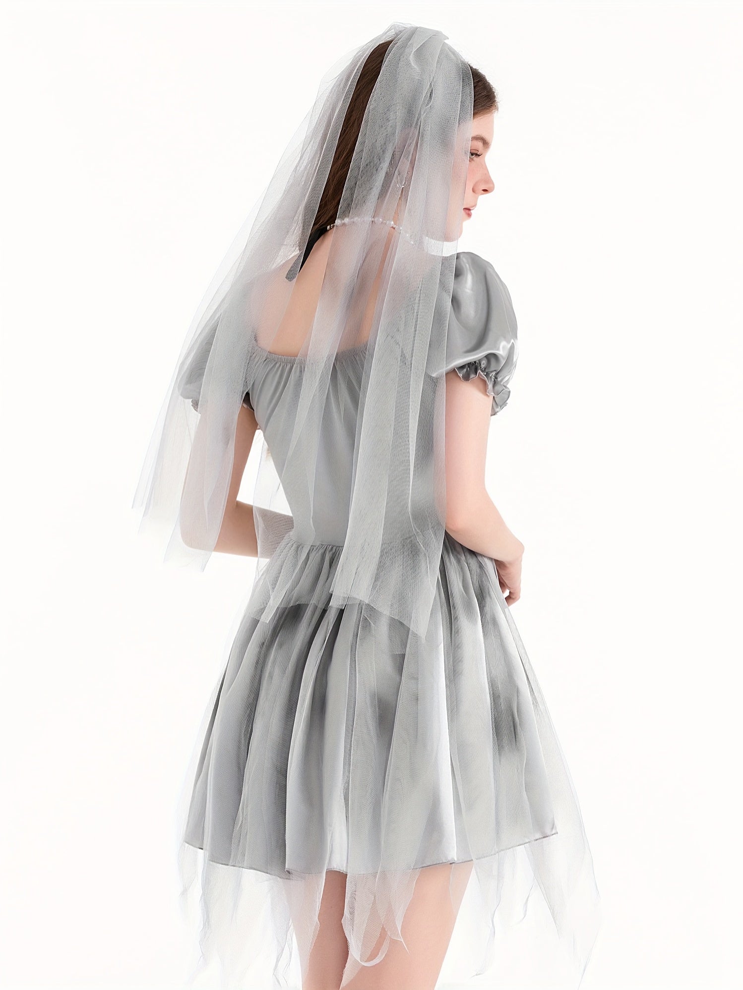 Vrouwen Gothic Puff Sleeve Halloween Lijkbruid Kostuum Jurk | Mini