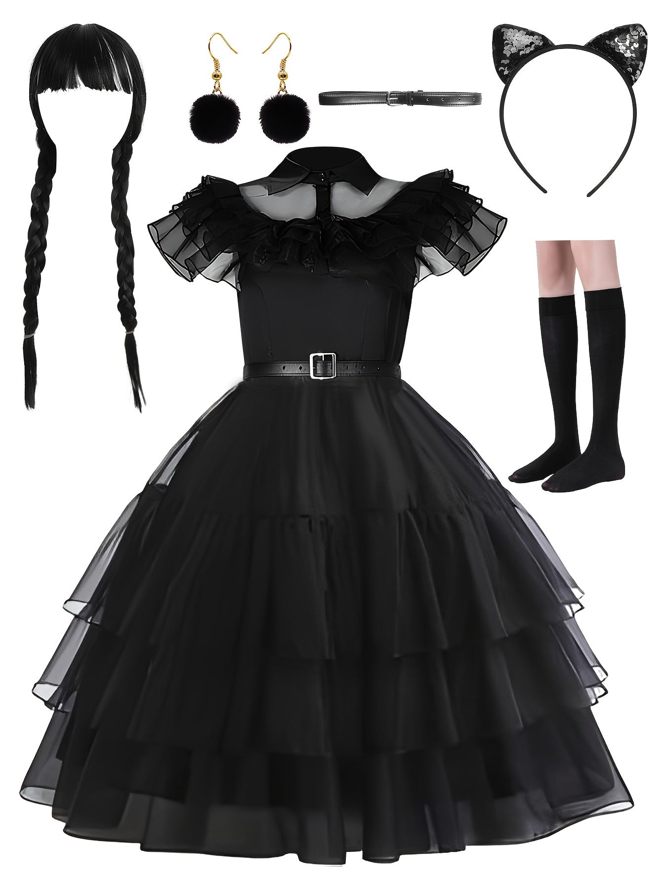 Dames Gothic Gelaagde Halloween Kostuum Jurk Set | Rimpel Midi