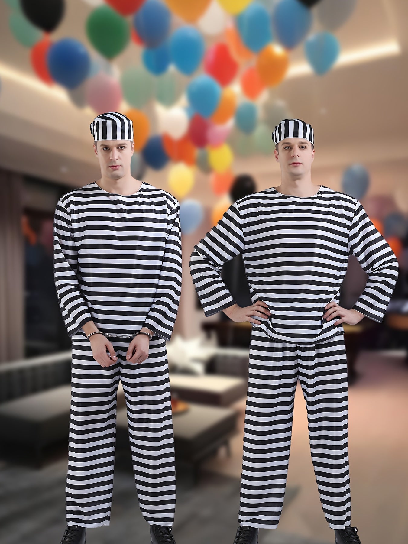 Klassiek Halloween Gevangenis Kostuum Set met Lange Mouwen | Gestreepte Gedetineerde