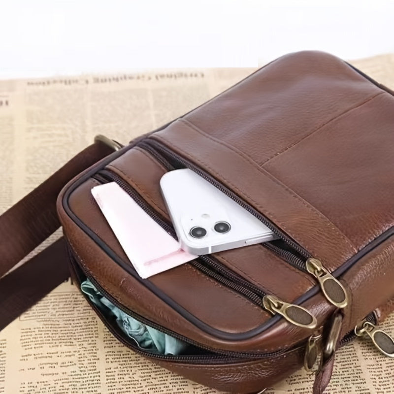 Leder Heren Schoudertas – Ruime Rundlederen Tas met Verstelbare Band
