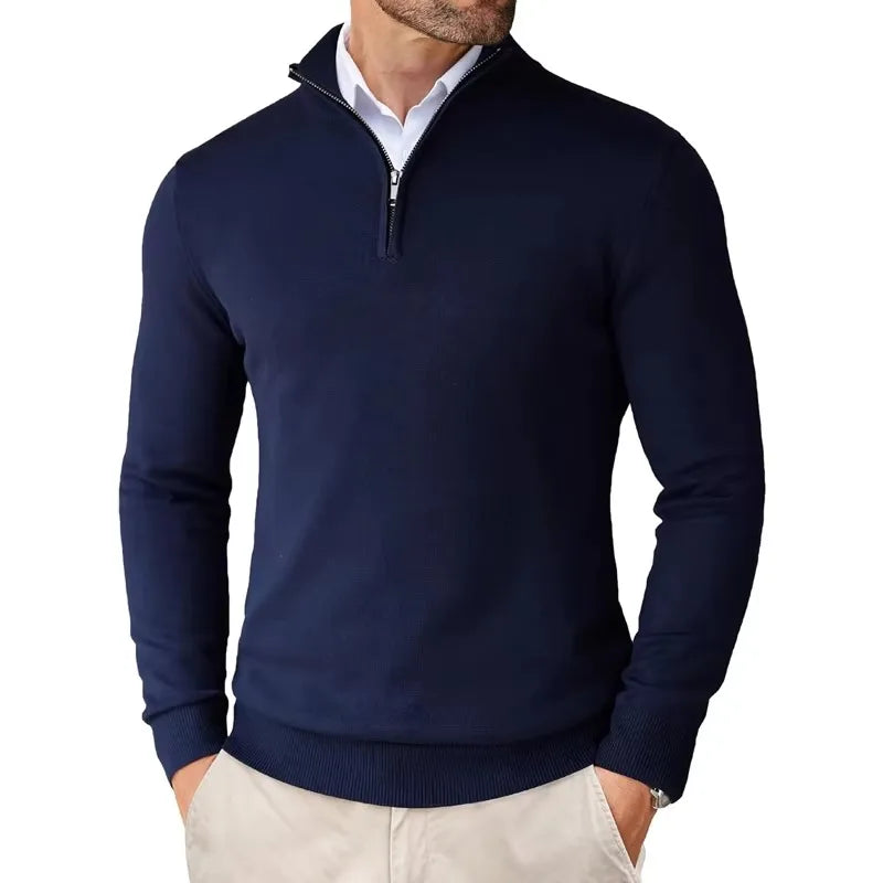 Heren HalfZip Comfortpullover van zachte, fijne tricotstof met opstaande kraag