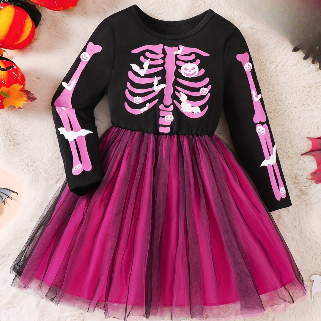 Meisjes Lange Mouwen Halloween Skelet Kostuum Jurk | Tulle Mini
