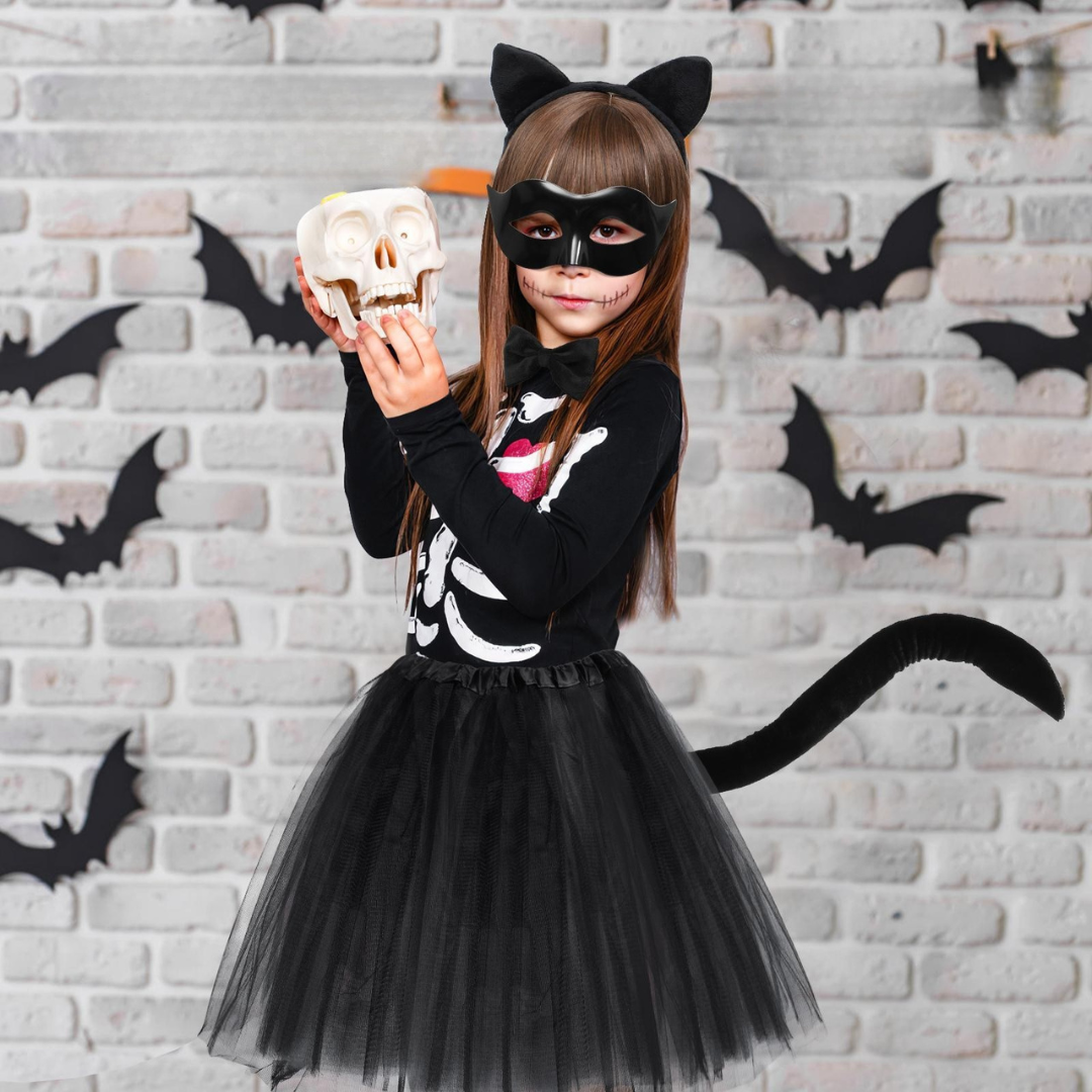 Meisjes Schattige Tulle Halloween Kostuum Jurk Set | Kat Masker Handschoenen Staart