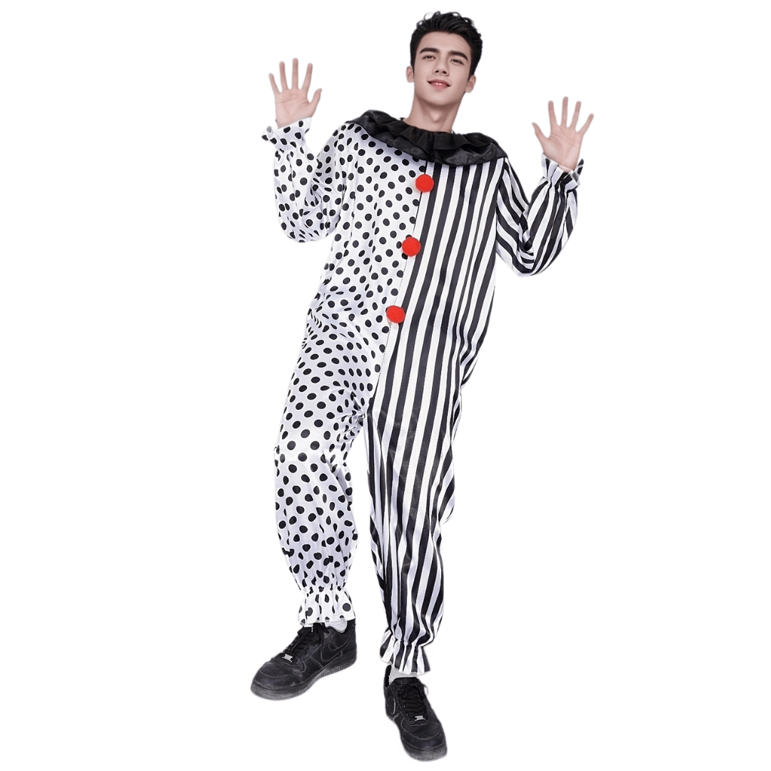 Grappig Halloween Clown Kostuum Jumpsuit voor Mannen | Gestreept met Stippen
