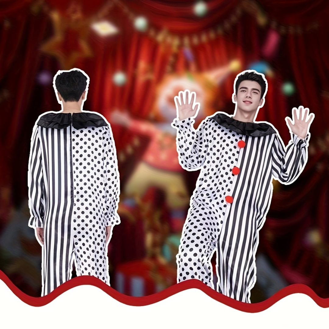 Grappig Halloween Clown Kostuum Jumpsuit voor Mannen | Gestreept met Stippen