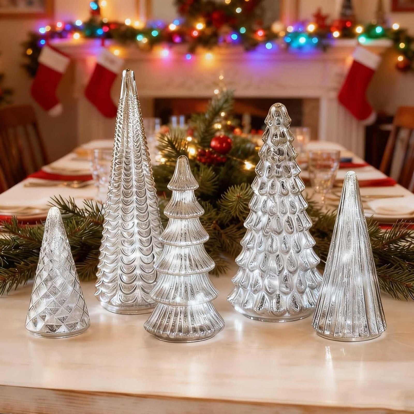 GlansPine LED Dennenset – 5-delig Zilveren Kerstdecoratie met Warm Licht