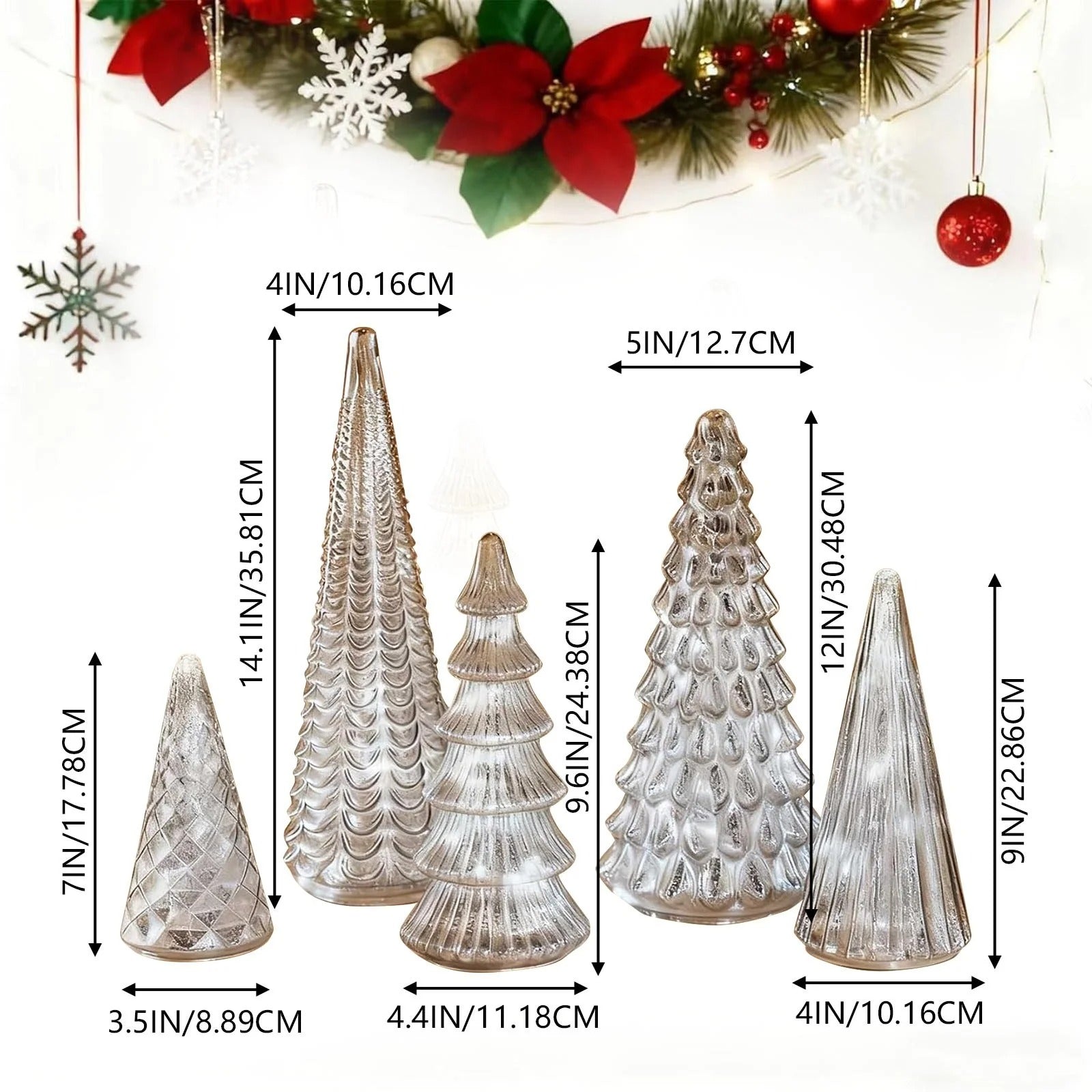 GlansPine LED Dennenset – 5-delig Zilveren Kerstdecoratie met Warm Licht