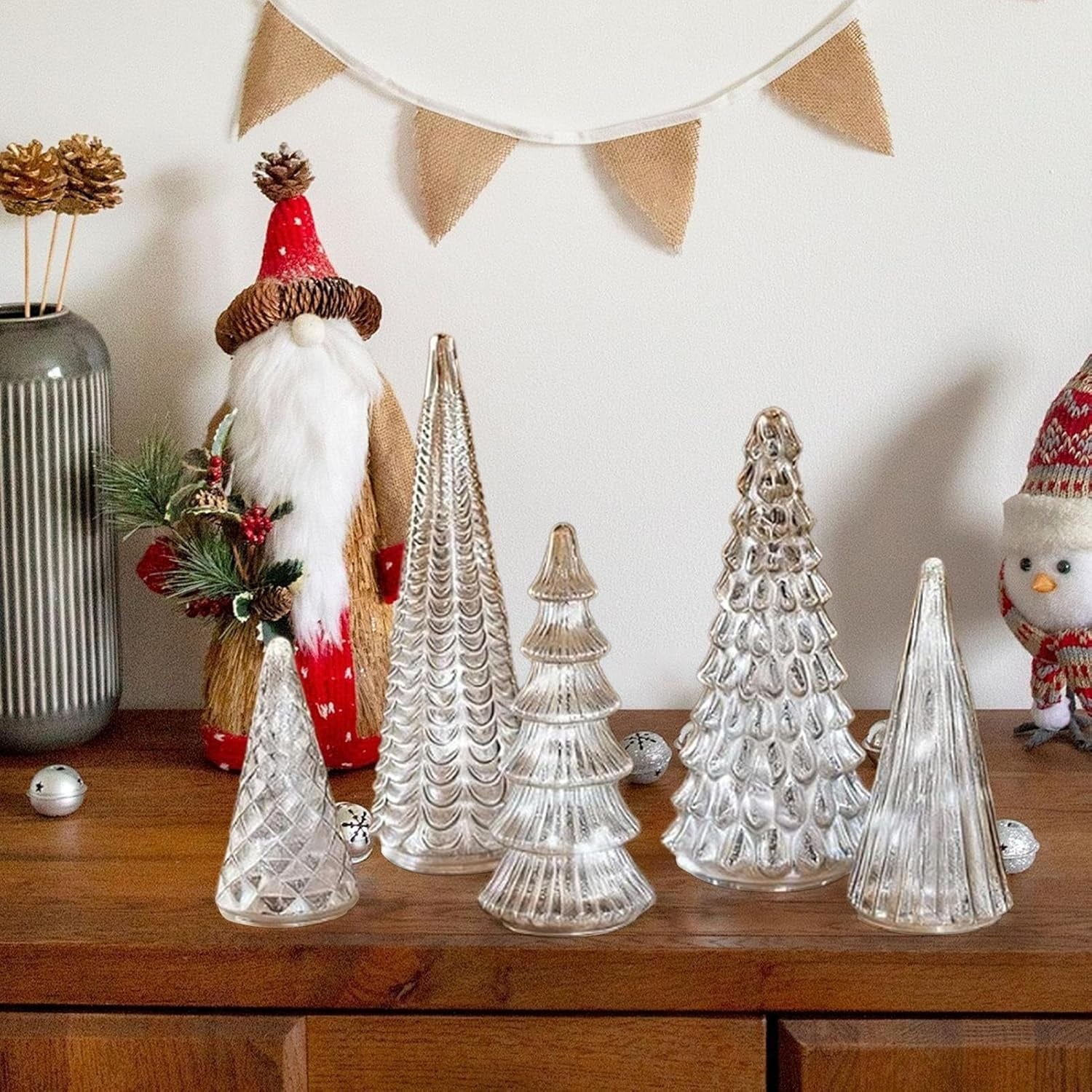 GlansPine LED Dennenset – 5-delig Zilveren Kerstdecoratie met Warm Licht