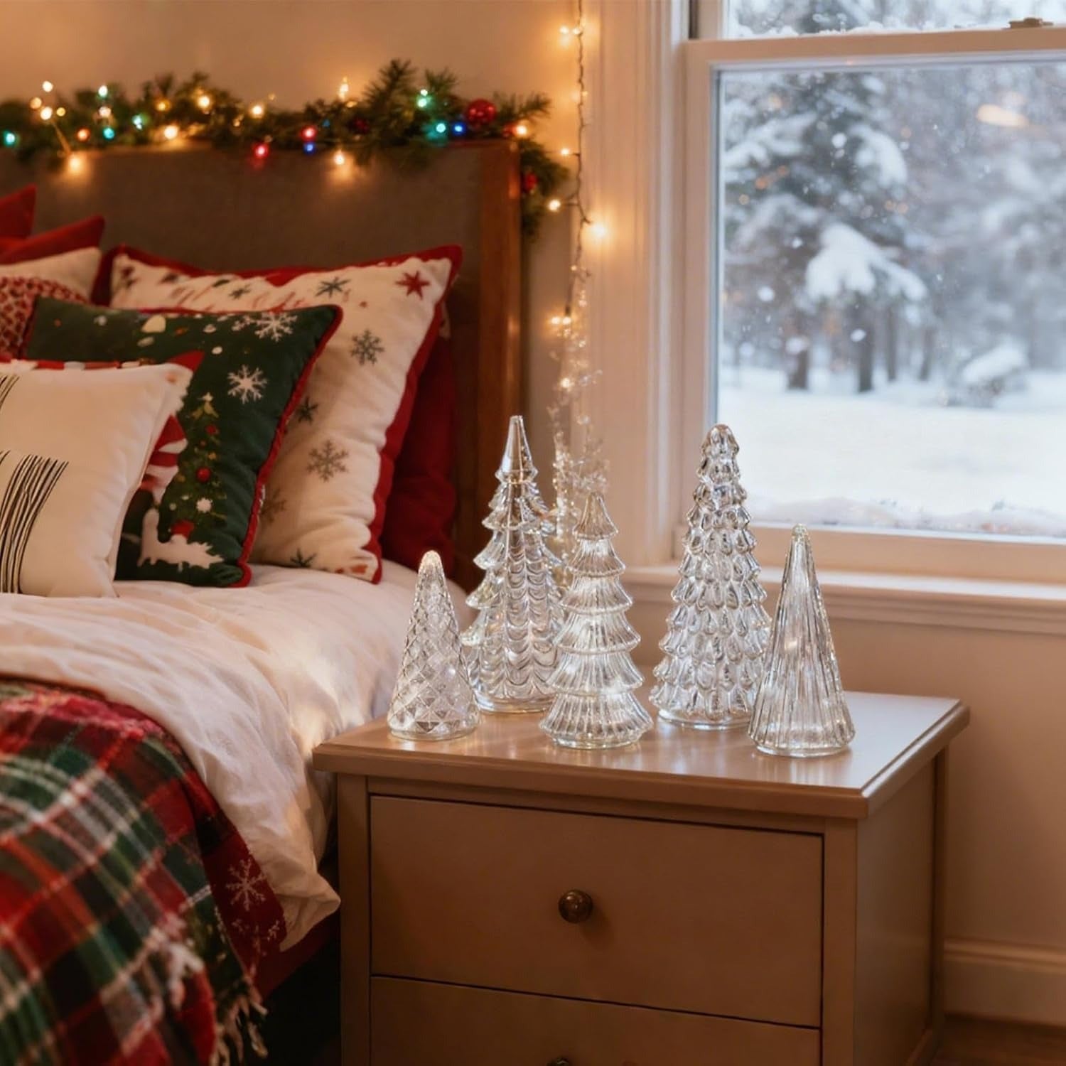 GlansPine LED Dennenset – 5-delig Zilveren Kerstdecoratie met Warm Licht