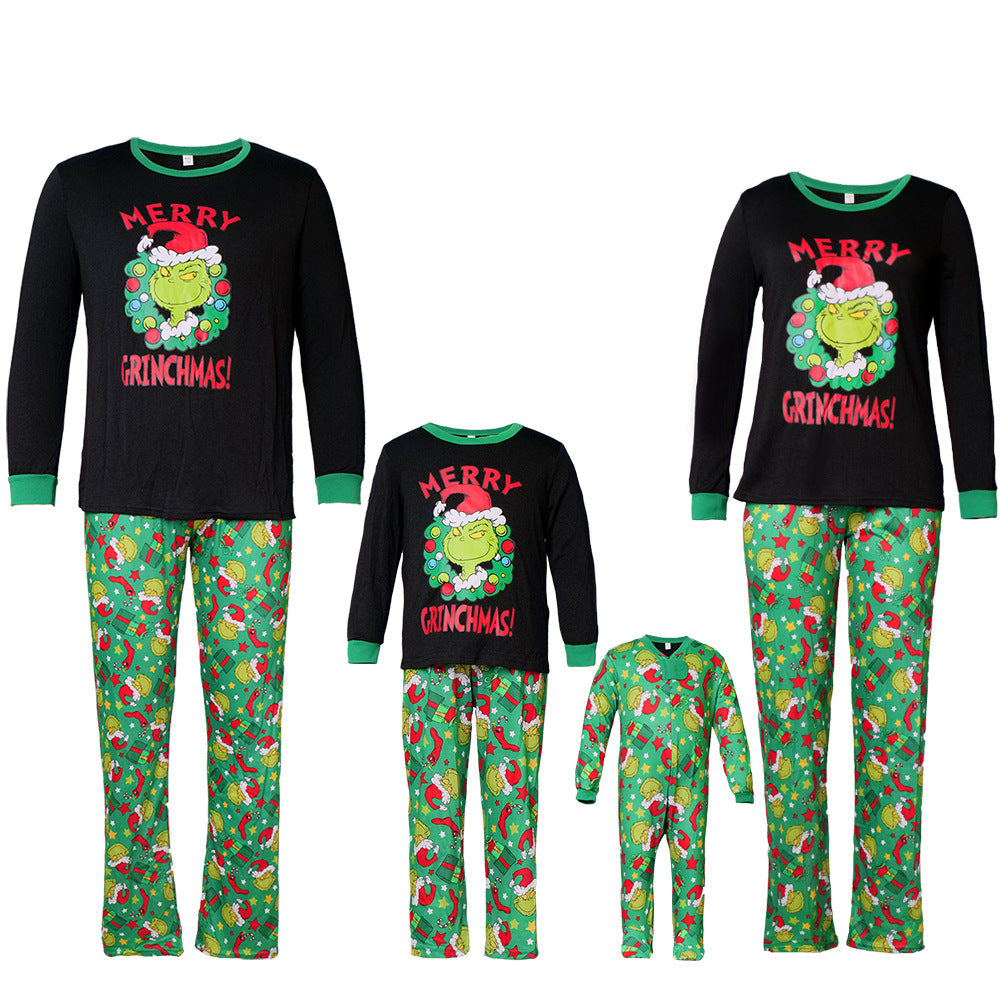 Groene Grinch Print Bijpassende Familie Kerst Pyjama's
