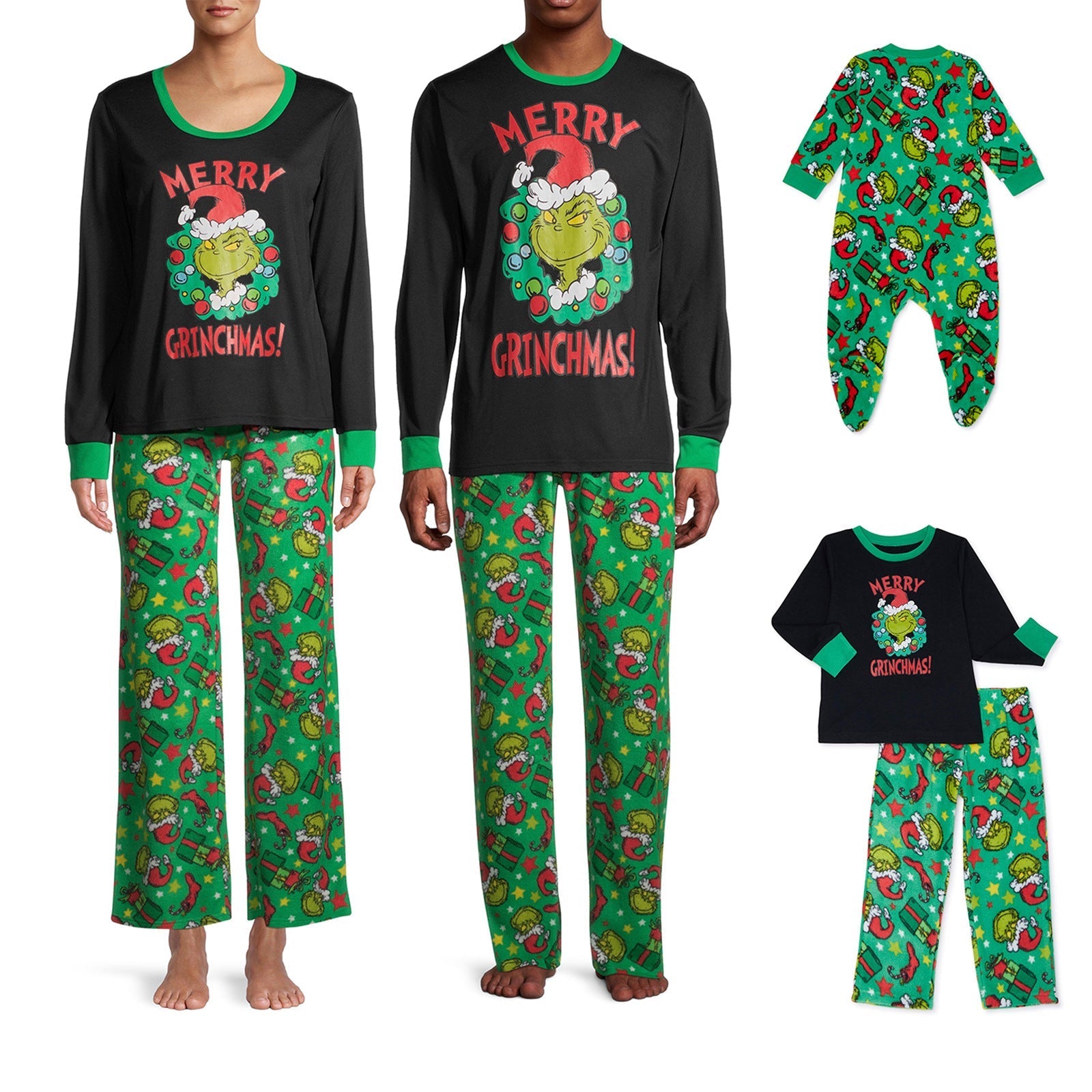 Groene Grinch Print Bijpassende Familie Kerst Pyjama's