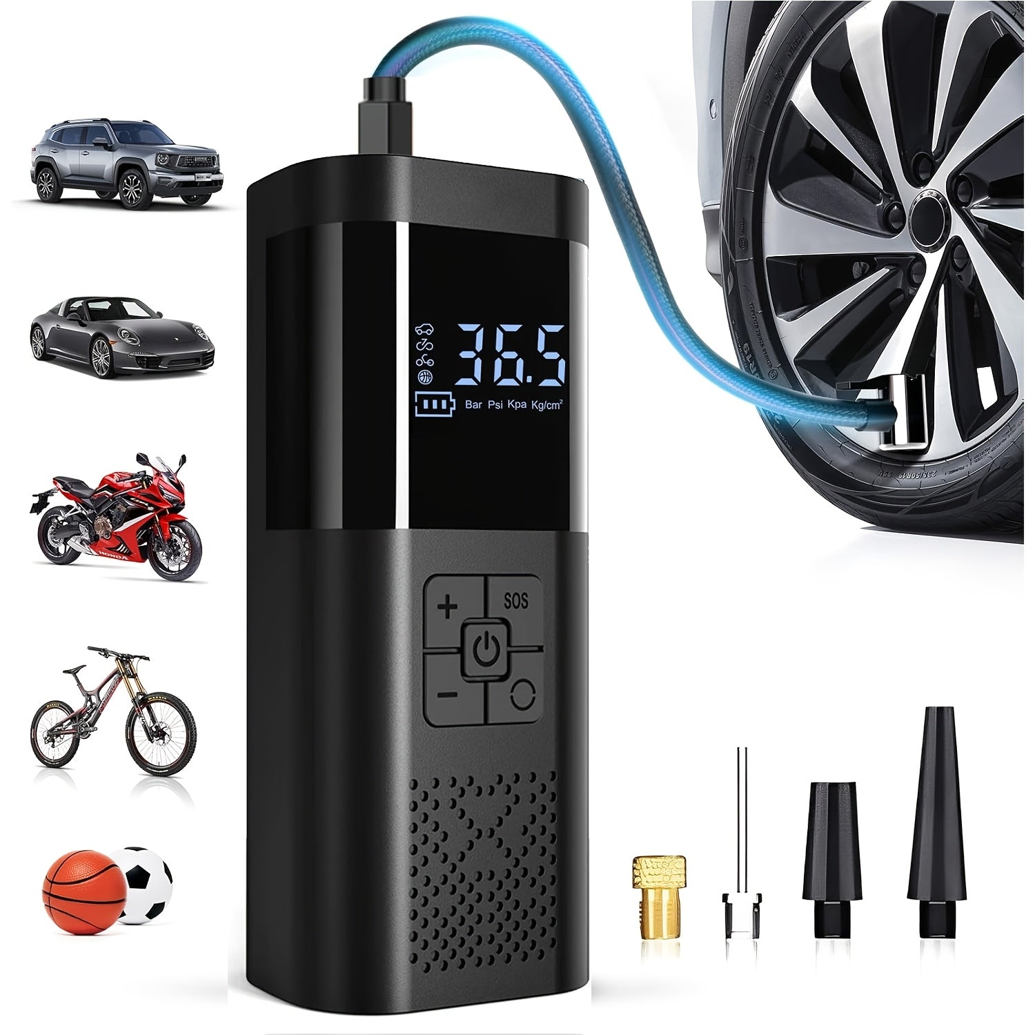 Draagbare Luchtcompressor met LCD-scherm en LED-licht – 150 PSI Inflator voor Auto's, Fietsen en Sportuitrusting
