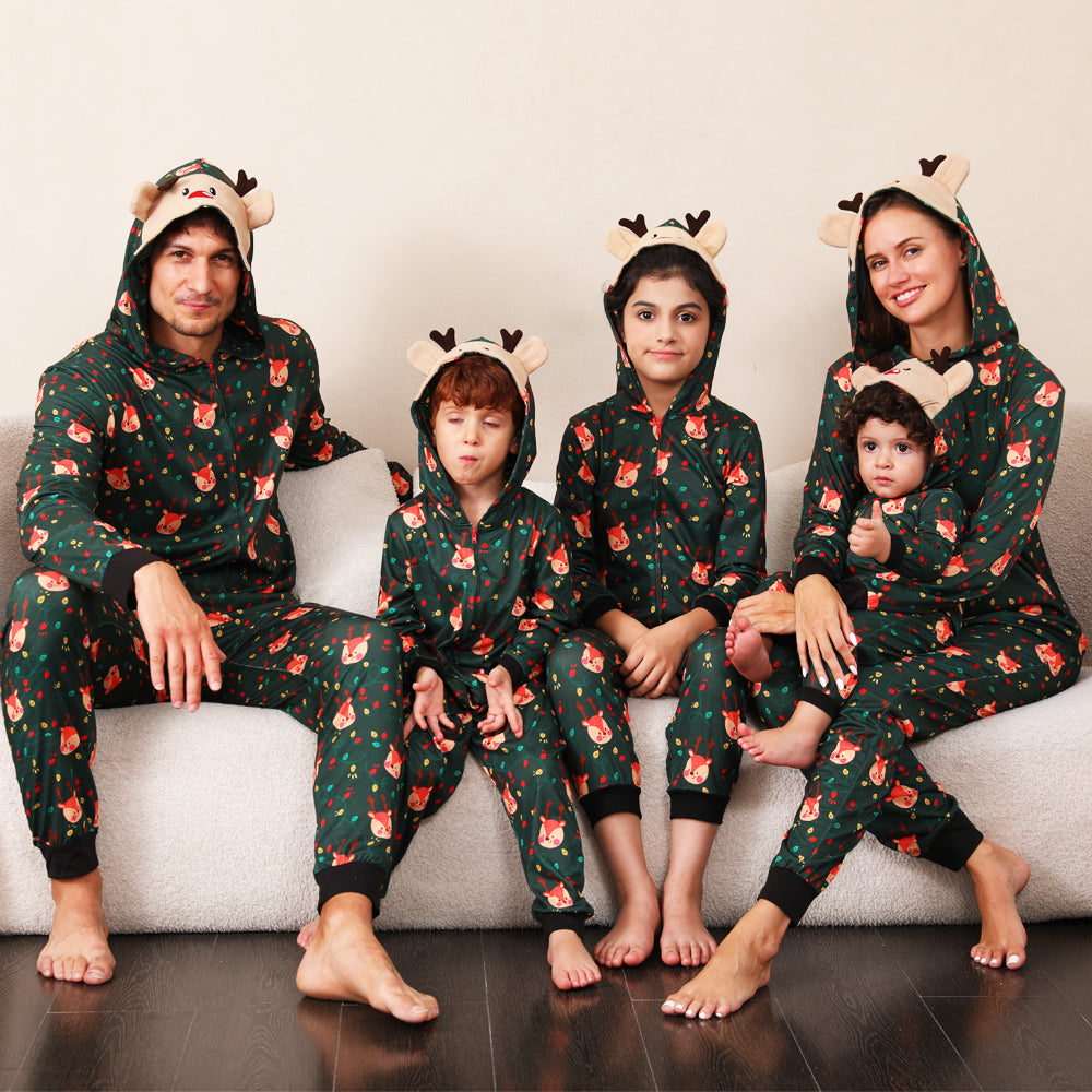 Groene Vos en Kerstlicht Gloeilamp Matching Familie Kerst Pyjama Onesies