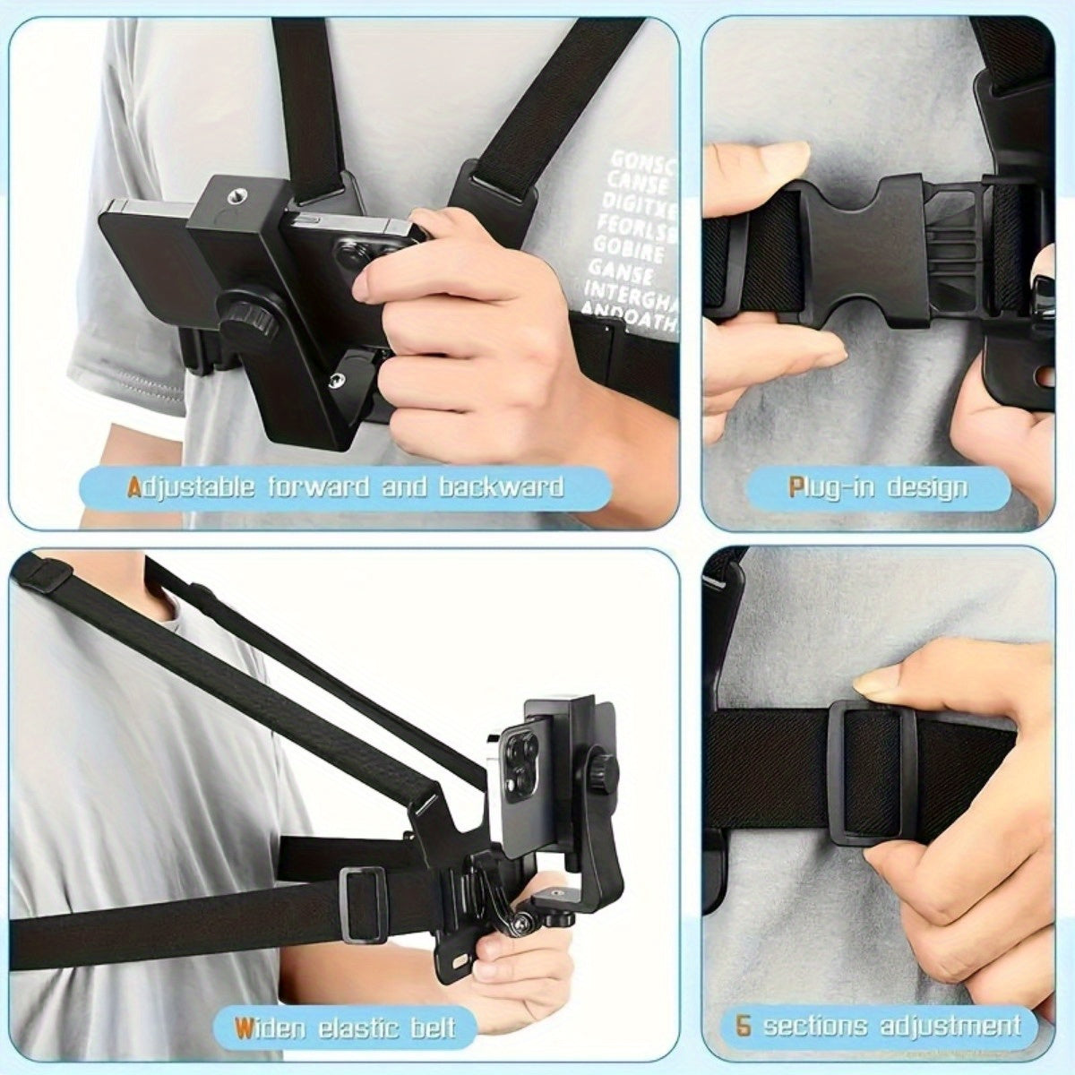 Verstelbare Handsfree Borstband voor Comfortabel Filmen en Fotografie – Veilige Telefoonhouder voor Smartphones en Actiecamera's