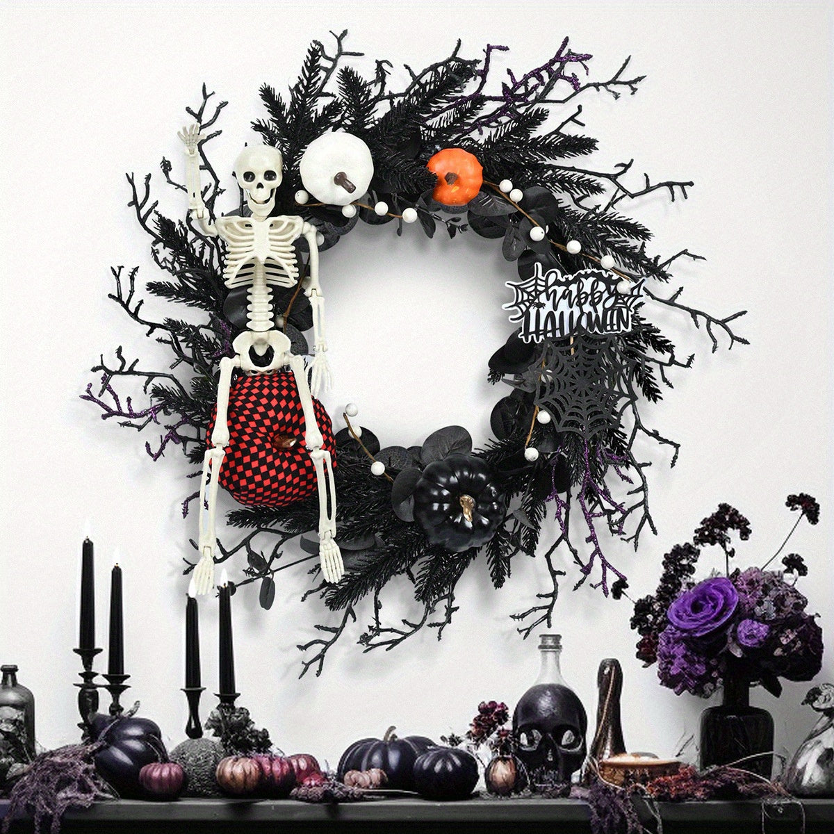 Halloween Gotische Skelet Pompoen Krans | Spookachtige Wanddecoratie