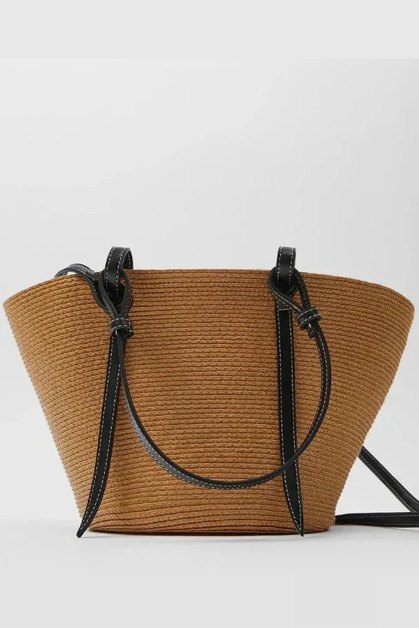 Dames Leren Tote Bag Bruin Groot Geweven met Leren Handvatten
