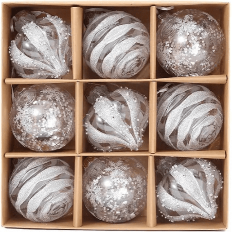 GlansFeest Kersthangdecoraties – Set van 9 kunststof ornamenten met sneeuwvlok- en balontwerp