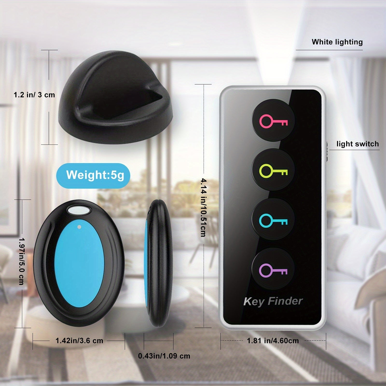 4-in-1 Sleutelfinder met LED-flitser en kleurgecodeerde ontvangers – Compacte sleutellocator voor sleutels, afstandsbedieningen en meer