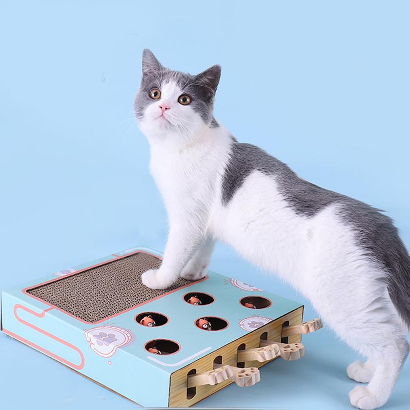 3-in-1 Interactief Katten Speelplein met Krabpaal, Milieuvriendelijk Kartonontwerp, Ruimtebesparend Speelgoed voor Actief Spel