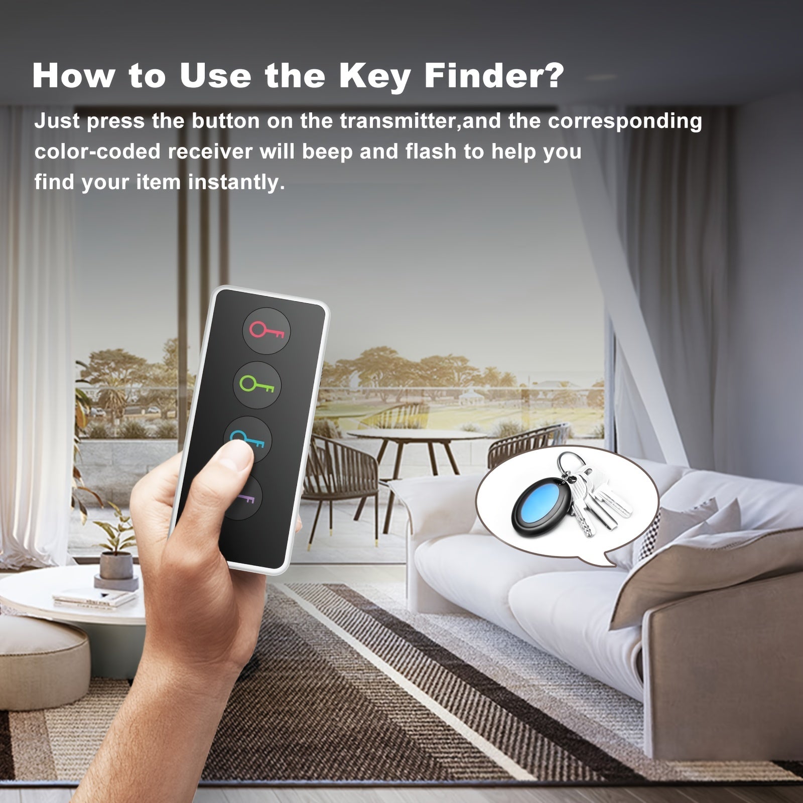 4-in-1 Sleutelfinder met LED-flitser en kleurgecodeerde ontvangers – Compacte sleutellocator voor sleutels, afstandsbedieningen en meer