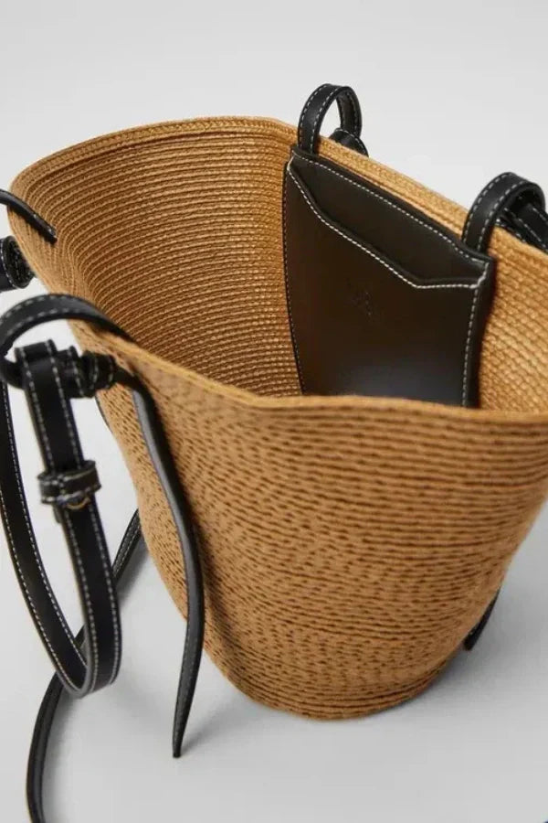 Dames Leren Tote Bag Bruin Groot Geweven met Leren Handvatten