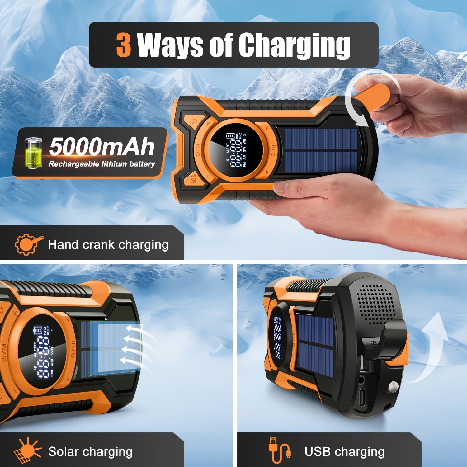 All-in-One Noodradio met Handcrank, Zonnepaneel, Zaklamp & USB Oplader – Ideaal voor Kamperen en Buitenactiviteiten