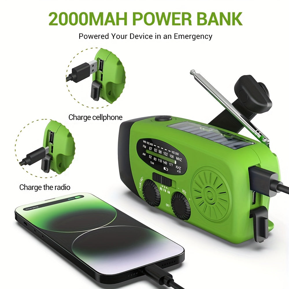 Compacte Noodradio met 2000mAh Powerbank, Zonne-energie, Handcrank en Ingebouwde Zaklamp voor Buitengebruik