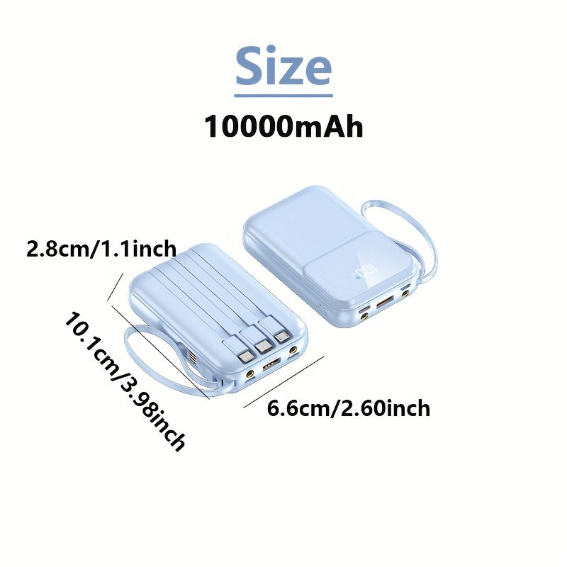 10000mAh Draagbare Powerbank met Snelladen en Ingebouwde Kabels – Compacte Telefoonoplader met LED-display