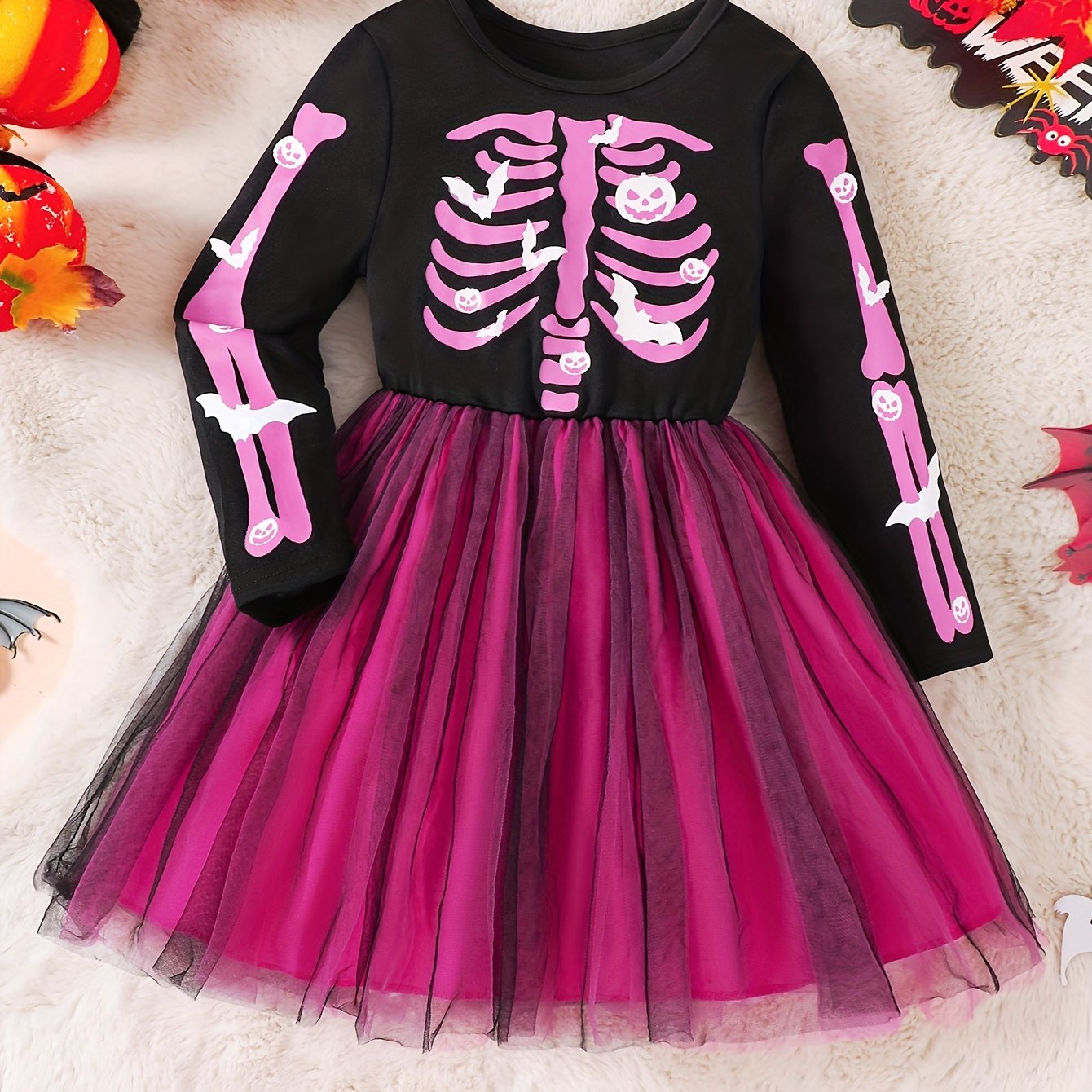 Meisjes Lange Mouwen Halloween Skelet Kostuum Jurk | Tulle Mini