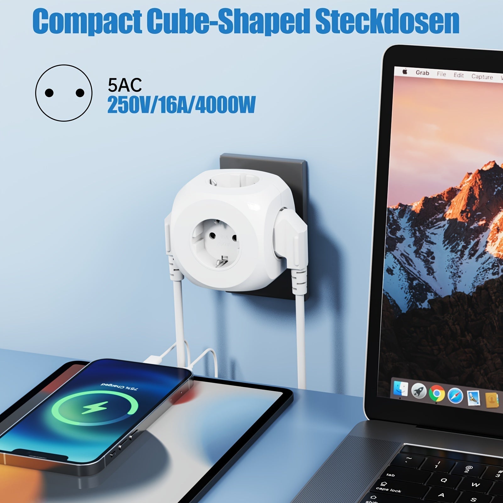 Compacte Draagbare Stroomstekker Cube met 5 Elektrische Aansluitingen – Lichtgewicht en Veilig voor Thuis, Kantoor en Reizen