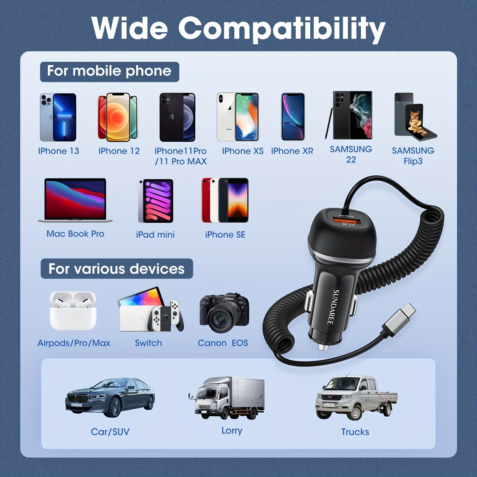 Snelle USB-C Autolader met 51W Vermogen, 3 Poorten en QC 3.0 Technologie voor het Opladen van Meerdere Apparaten