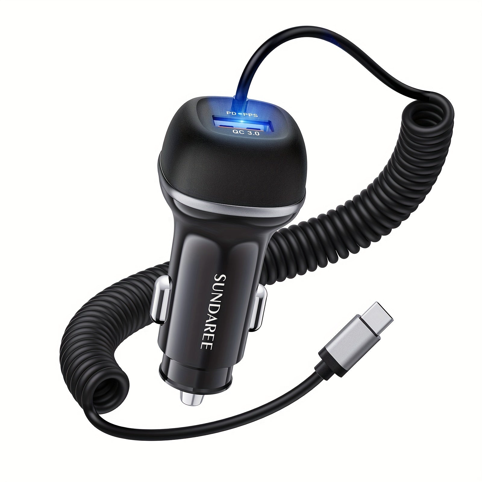 Snelle USB-C Autolader met 51W Vermogen, 3 Poorten en QC 3.0 Technologie voor het Opladen van Meerdere Apparaten