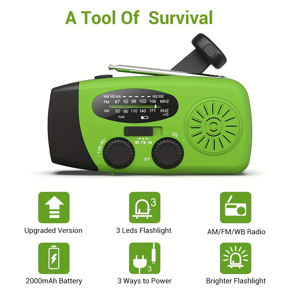 Compacte Noodradio met 2000mAh Powerbank, Zonne-energie, Handcrank en Ingebouwde Zaklamp voor Buitengebruik