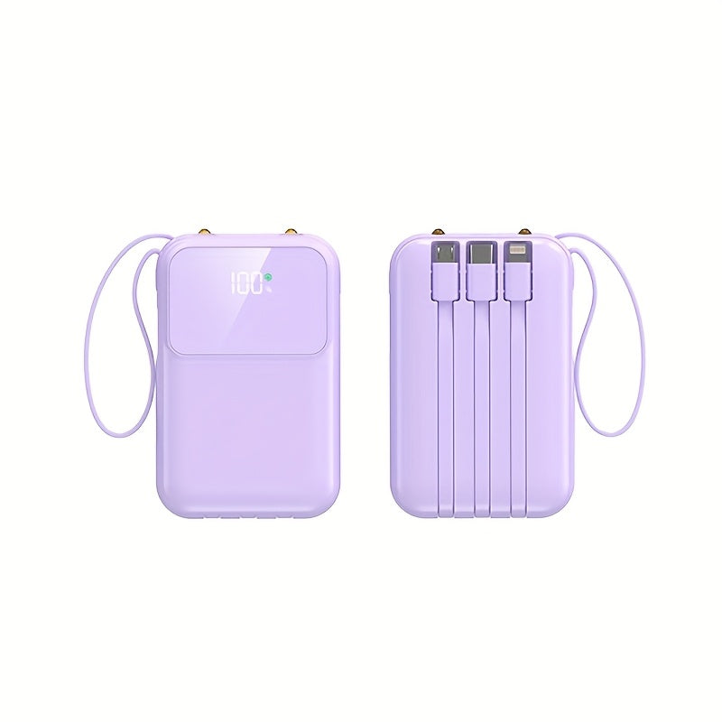 10000mAh Draagbare Powerbank met Snelladen en Ingebouwde Kabels – Compacte Telefoonoplader met LED-display