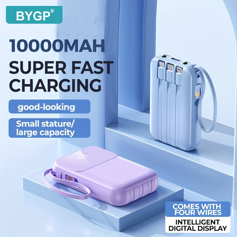 10000mAh Draagbare Powerbank met Snelladen en Ingebouwde Kabels – Compacte Telefoonoplader met LED-display
