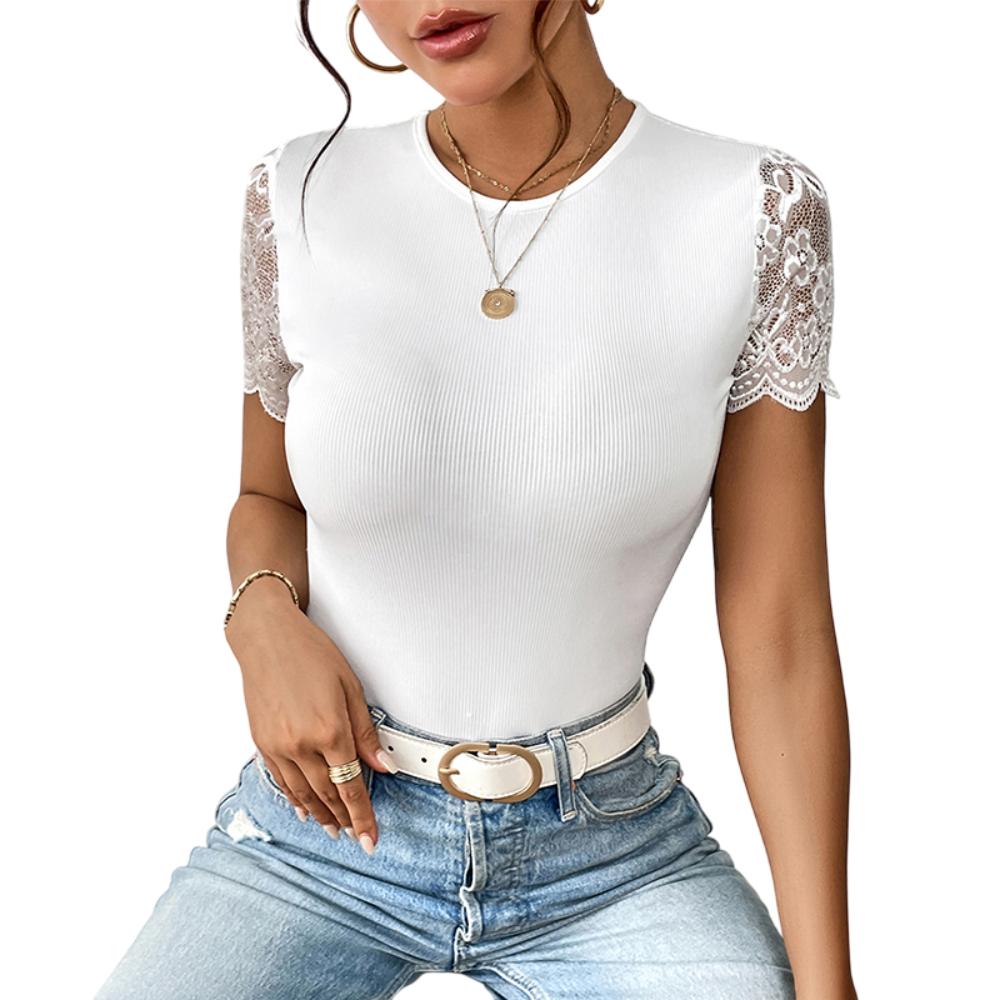 Elegante Rugloze Kanten Bodysuit Thong voor Vrouwen - Korte Mouw Zwart of Wit