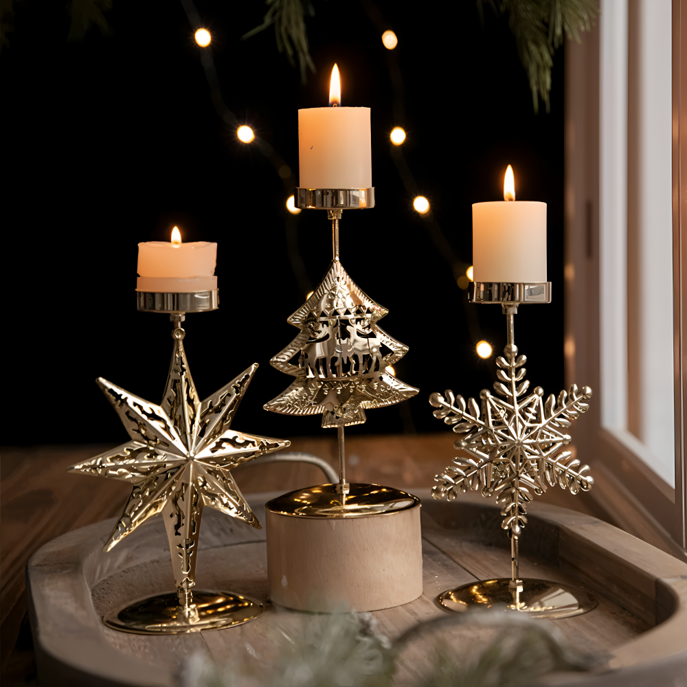 Vintage Gouden Kerstkaarsenhouder – Sfeervolle Decoratieve Tafeldecoratie