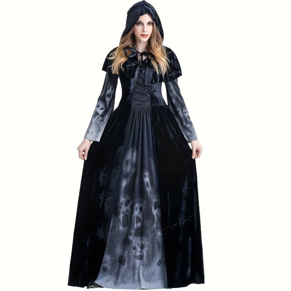 Gothic Heks Halloween Kostuum Skull Print Jurk