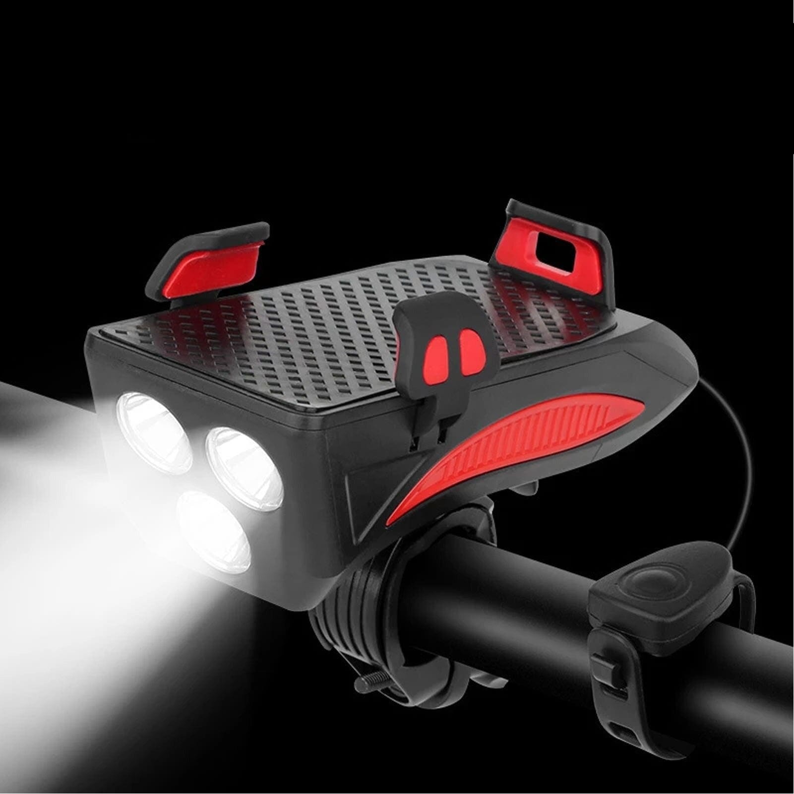4-in-1 Oplaadbare Fietslampen met Powerbank, Telefoonhouder en Elektronische Hoorn – LED Veiligheidslamp voor Fietsen