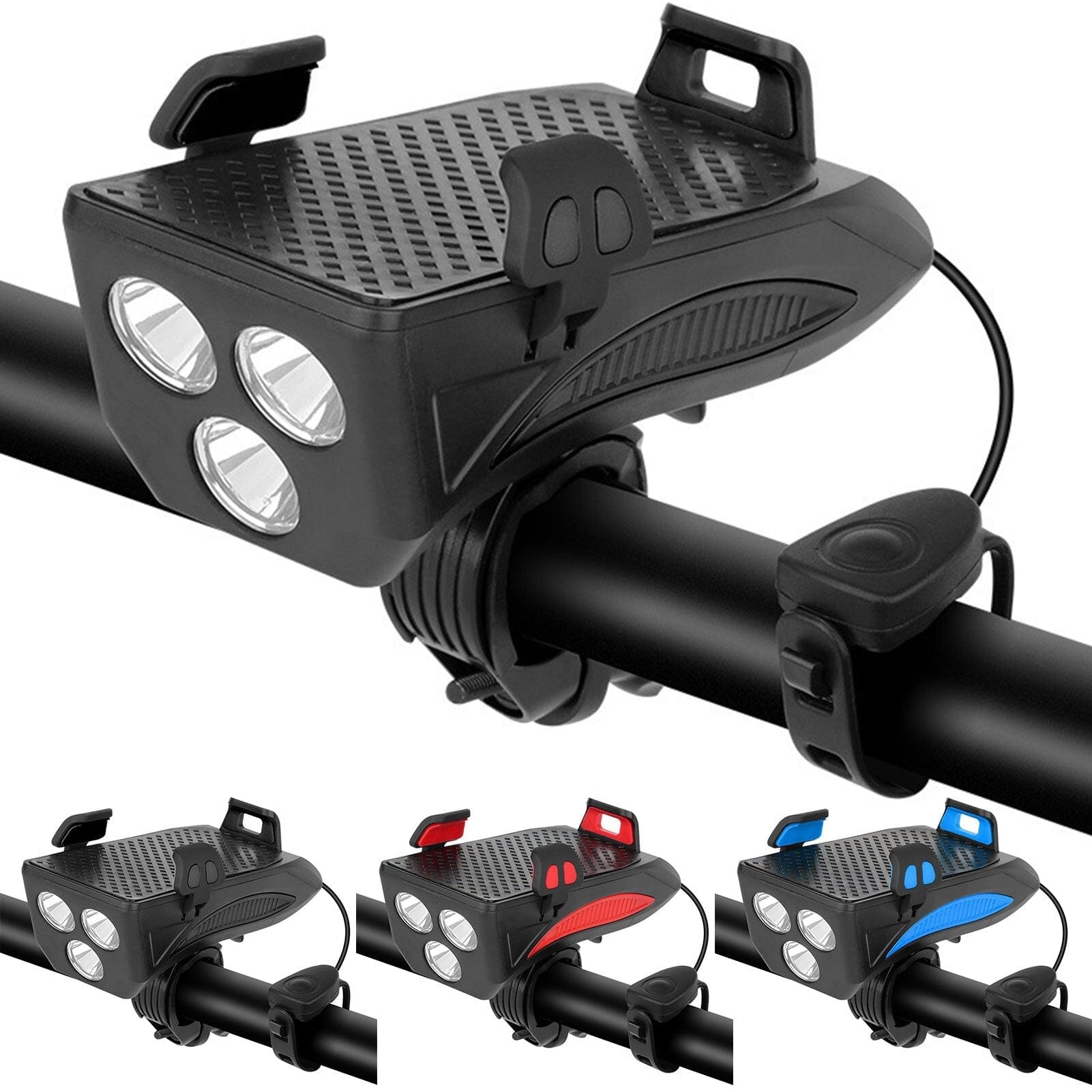 4-in-1 Oplaadbare Fietslampen met Powerbank, Telefoonhouder en Elektronische Hoorn – LED Veiligheidslamp voor Fietsen
