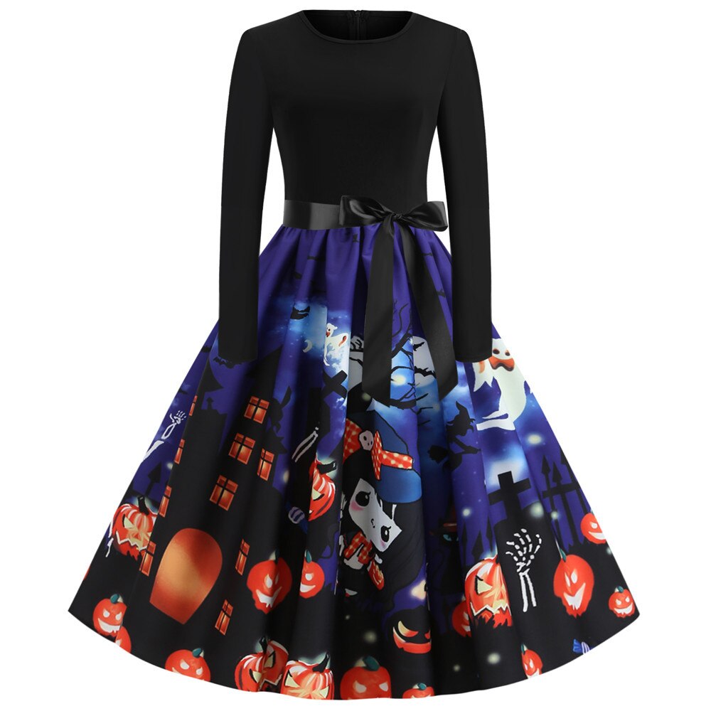 Gothic Cartoon Lange Mouwen Halloween Feestjurk | Midi