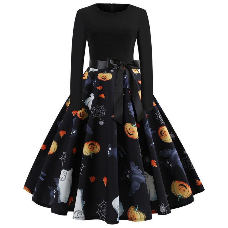 Gothic Cartoon Lange Mouwen Halloween Feestjurk | Midi