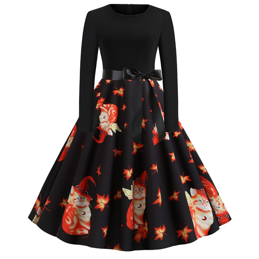 Gothic Cartoon Lange Mouwen Halloween Feestjurk | Midi