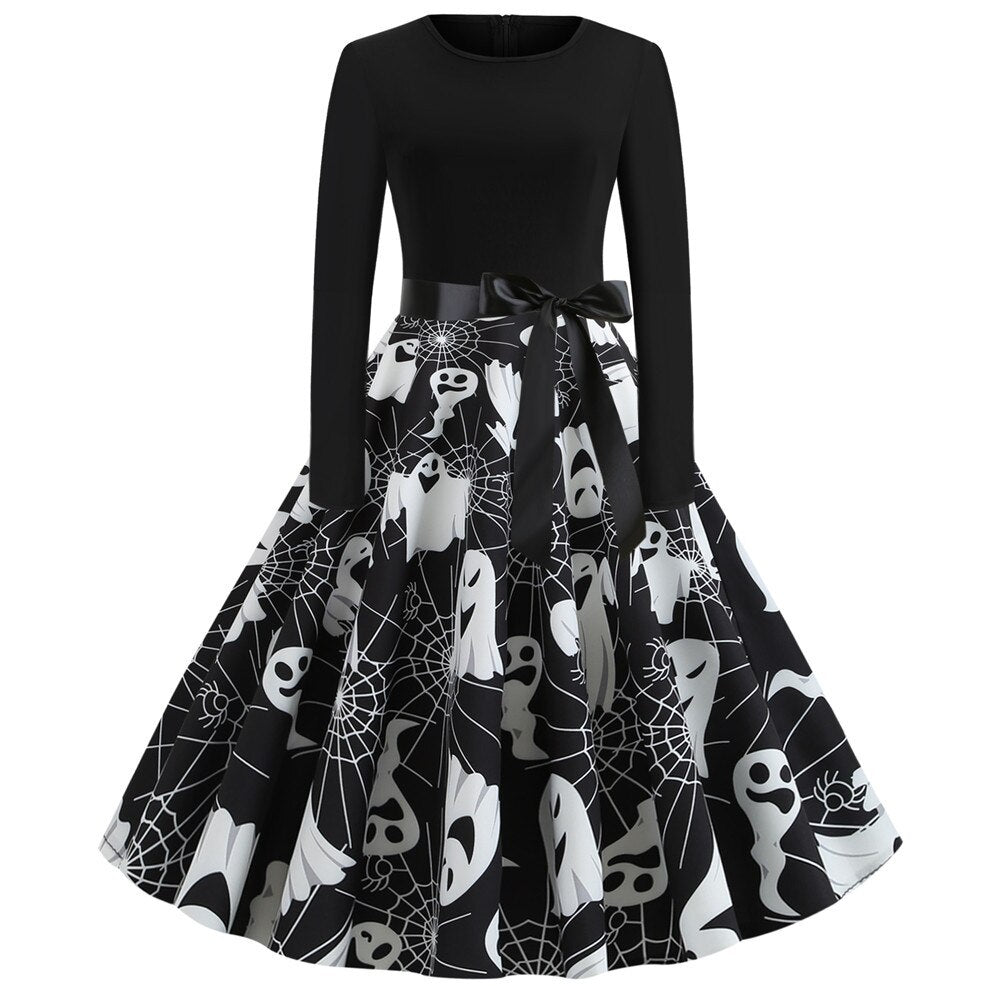 Gothic Cartoon Lange Mouwen Halloween Feestjurk | Midi