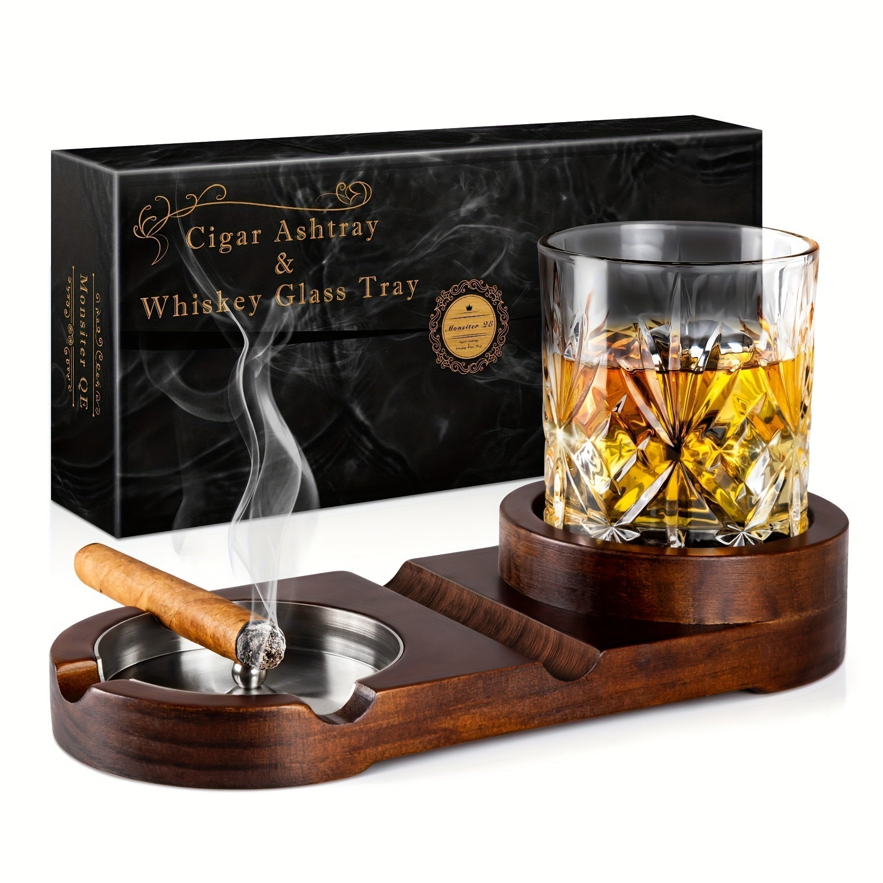 CigarOak Aschenbecher met Whiskeyhouder – Luxe Houten Schaal voor Sigarenliefhebbers